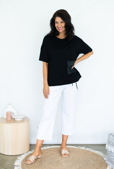 Roman Drawstring Pocket Top. Colours: Black and White