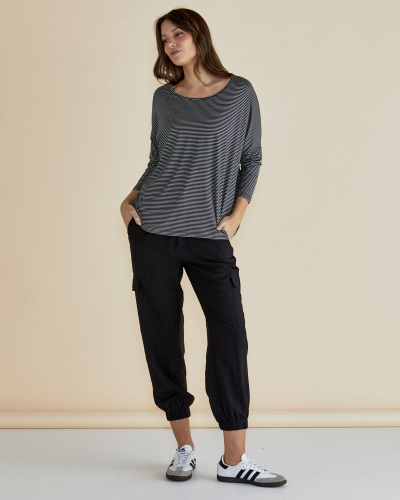 Milan 3/4 Sleeve Top- Charcoal Stripe