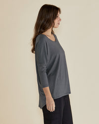 Milan 3/4 Sleeve Top- Charcoal Stripe