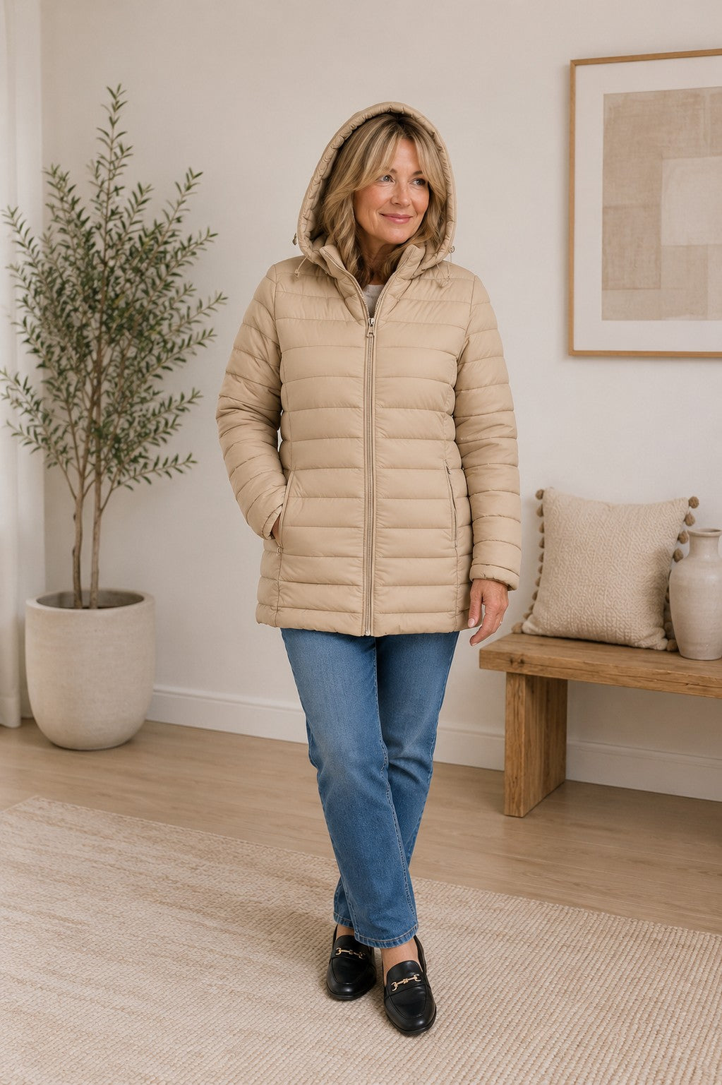 Woman wearing a beige puffer jacket in a home setting