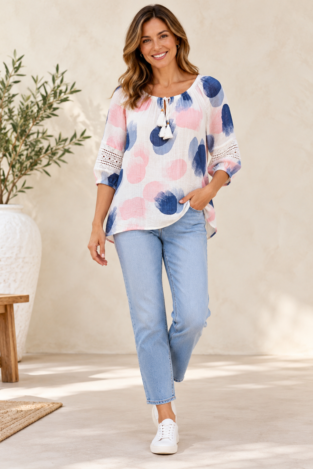Laura Abstract Spot Print Peasant Top.