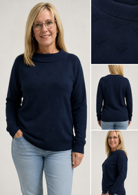 Woman wearing a navy sweater with inset images showing details of the sweater.