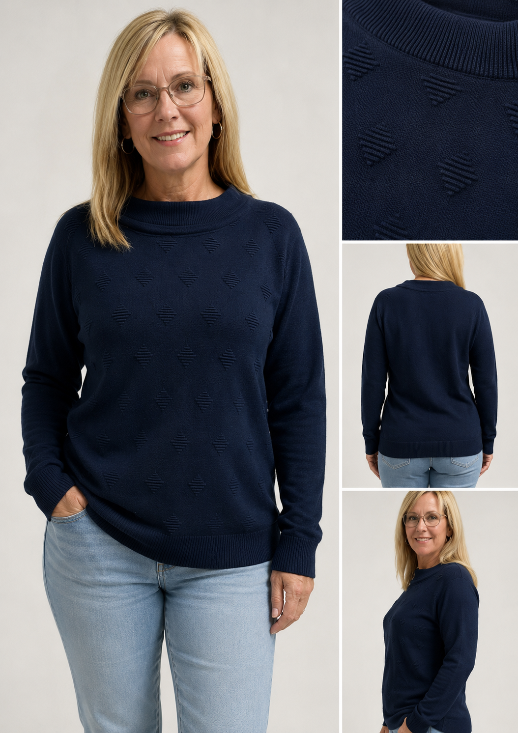 Woman wearing a navy sweater with inset images showing details of the sweater.
