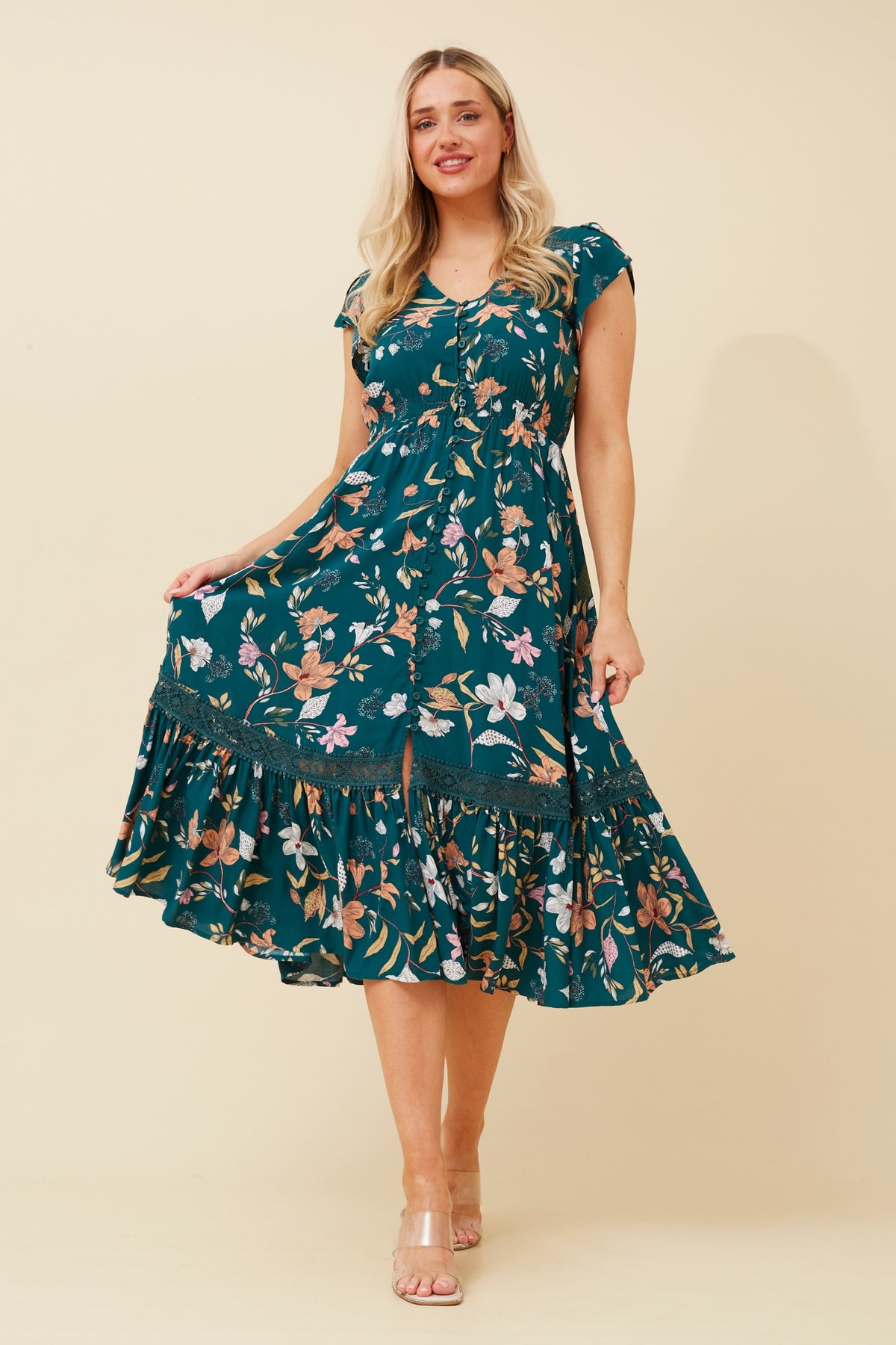 Megan Lace Trim Midi Dress -Floral