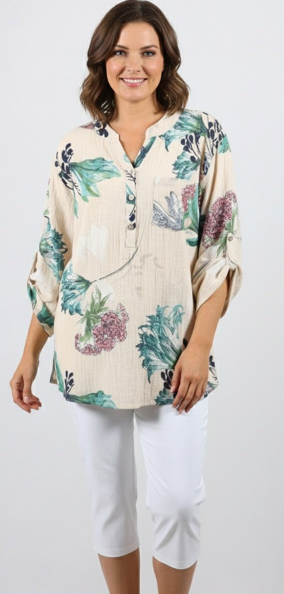Jane Floral Breeze Top -Beige