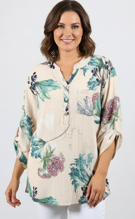 Jane Floral Breeze Top -Beige