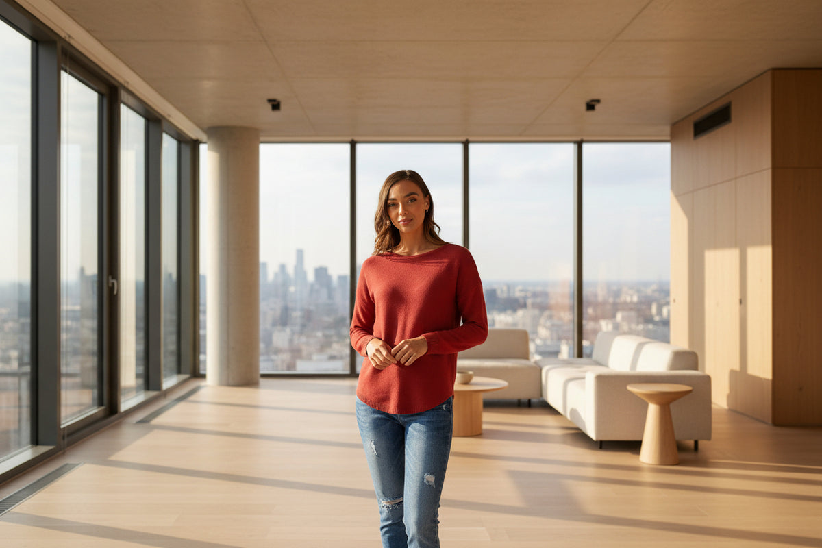 Woman wearing a red Knit jumper and blue jeans 