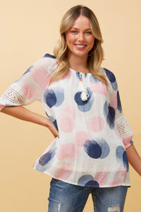 Laura Abstract Spot Print Peasant Top.