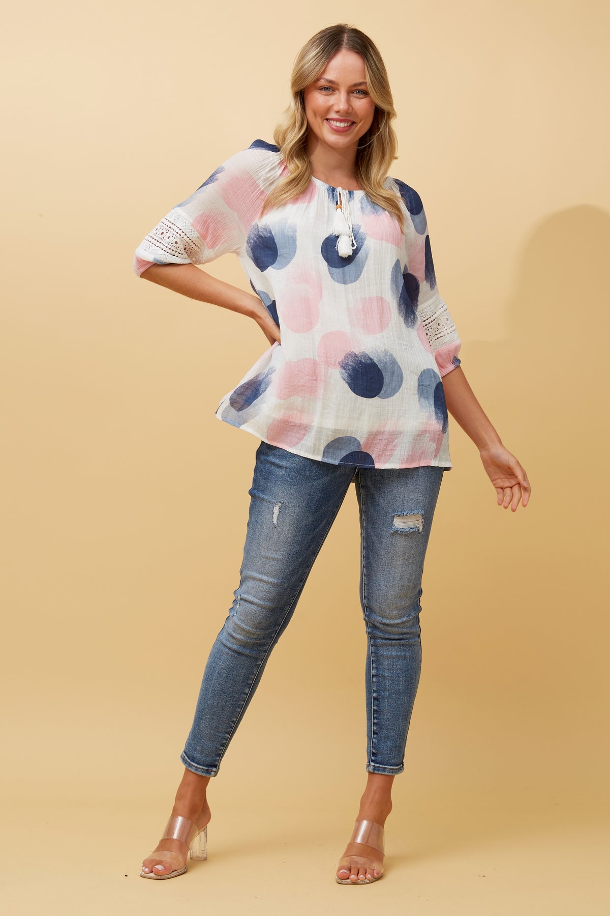 Laura Abstract Spot Print Peasant Top.