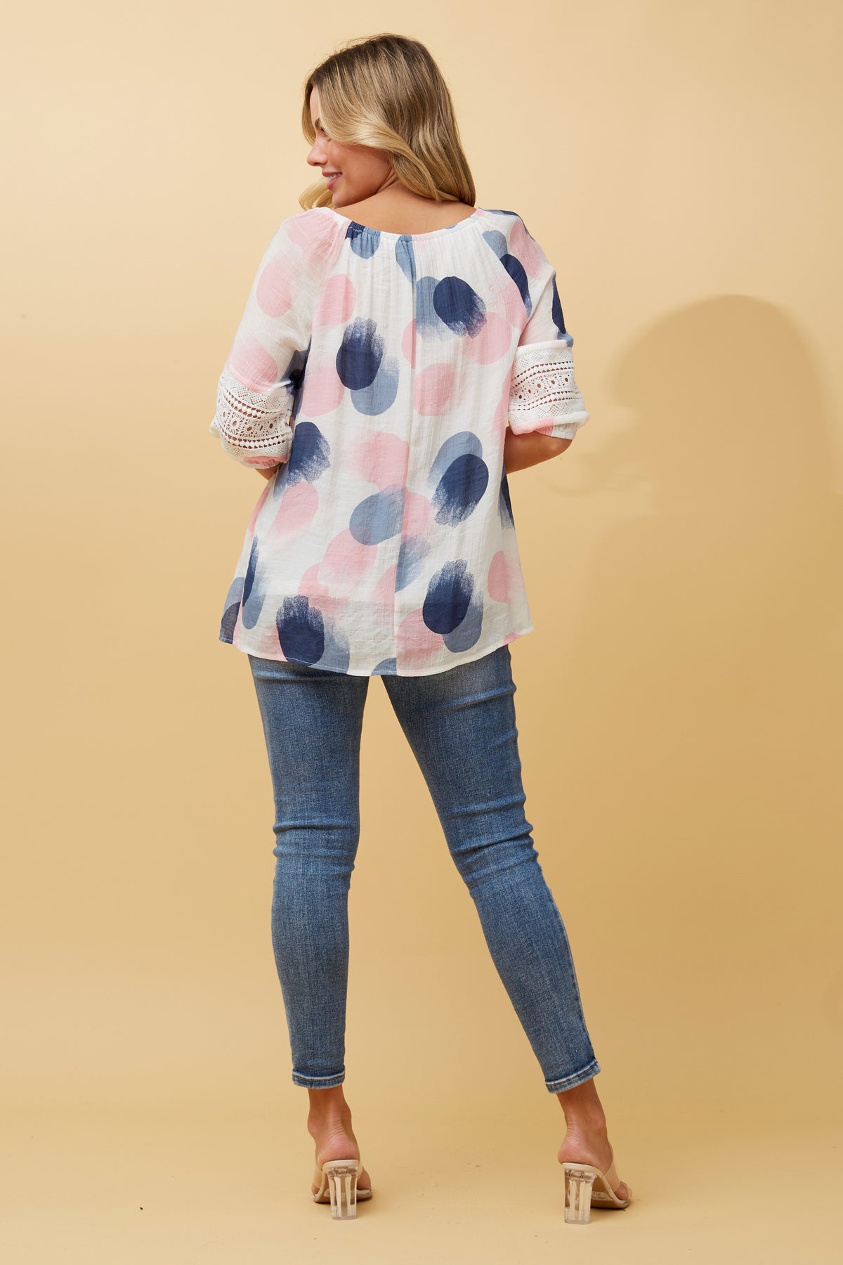 Laura Abstract Spot Print Peasant Top.