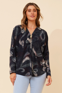 Meg Zip Top Abstract Navy