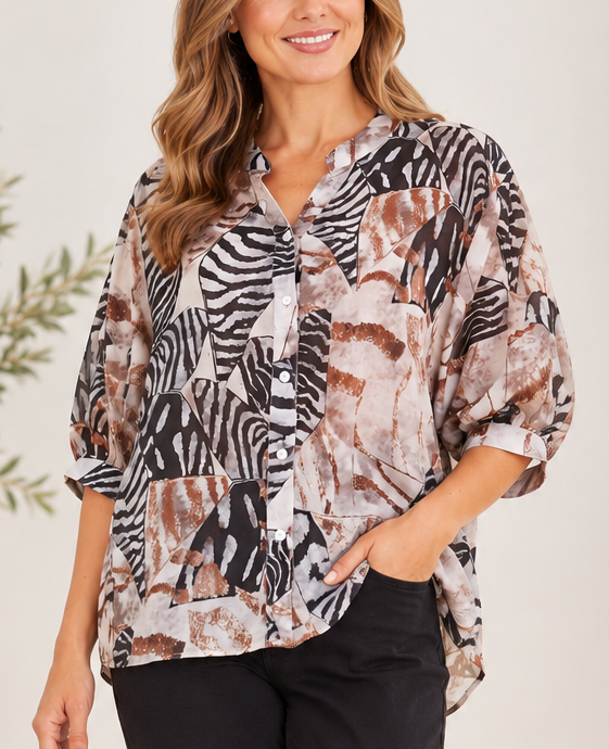 Bridget Button Shirt- Abstract Animal Print