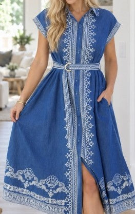 Clara Embroidered Denim Midi Dress