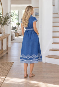 Clara Embroidered Denim Midi Dress