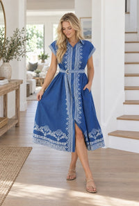 Clara Embroidered Denim Midi Dress