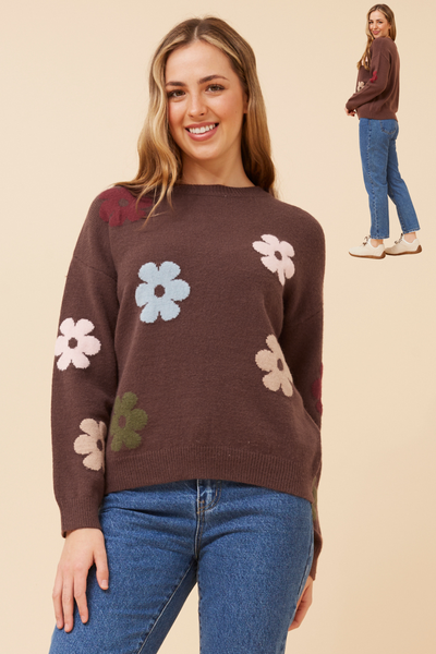 Rue Floral Knit Jumper. Chocolate and Oatmeal