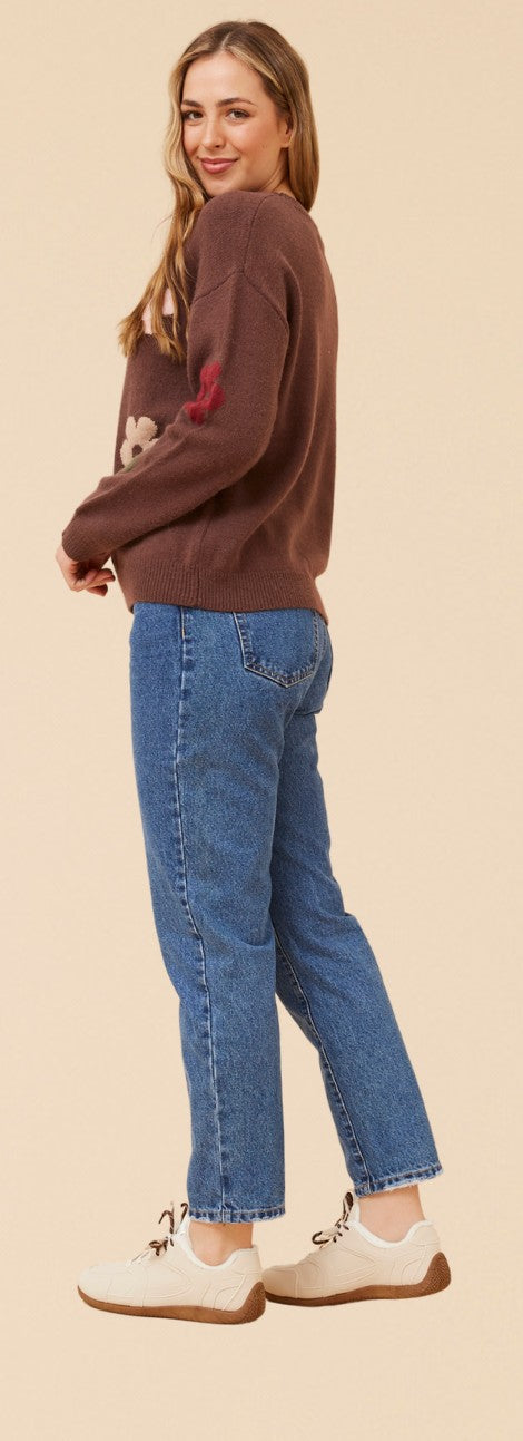 Rue Floral Knit Jumper. Chocolate and Oatmeal