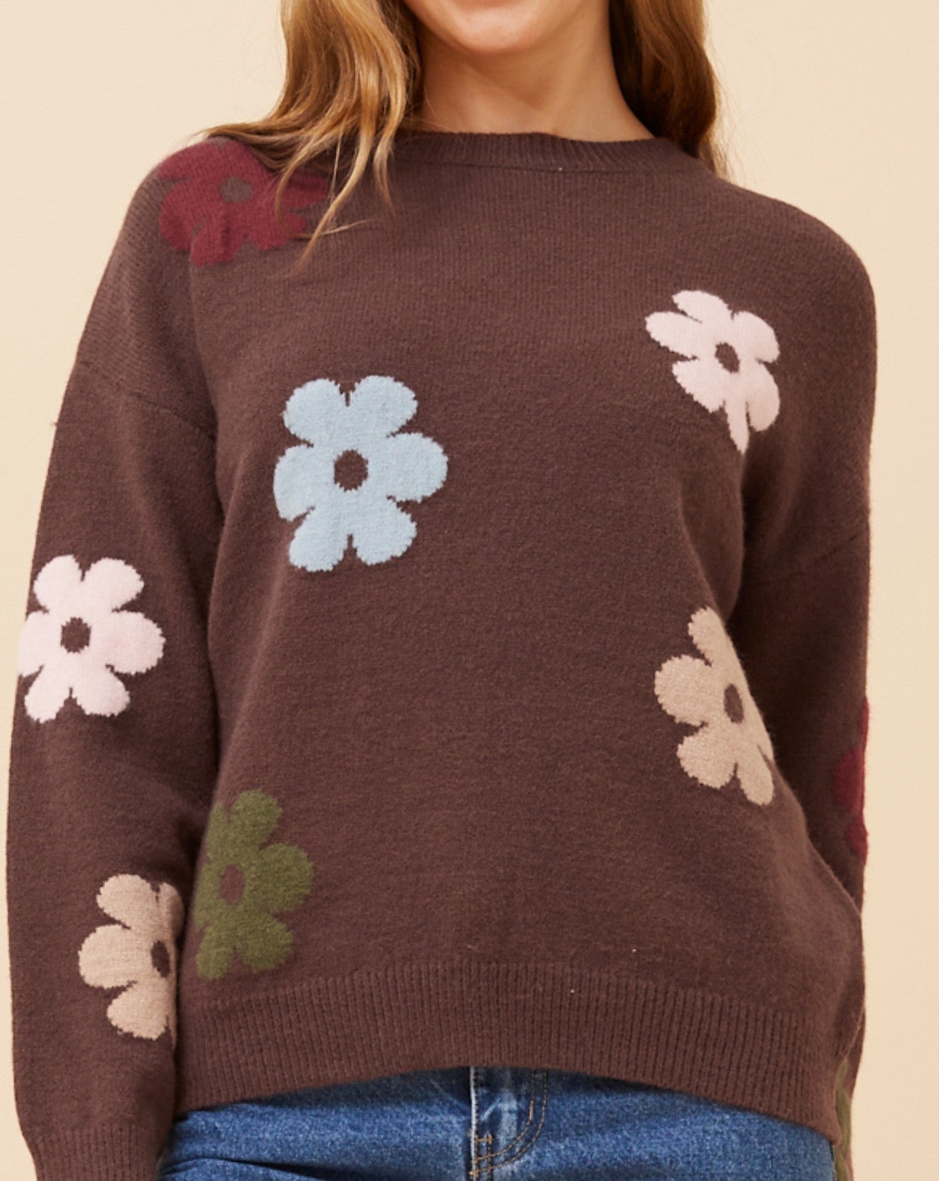Rue Floral Knit Jumper. Chocolate and Oatmeal