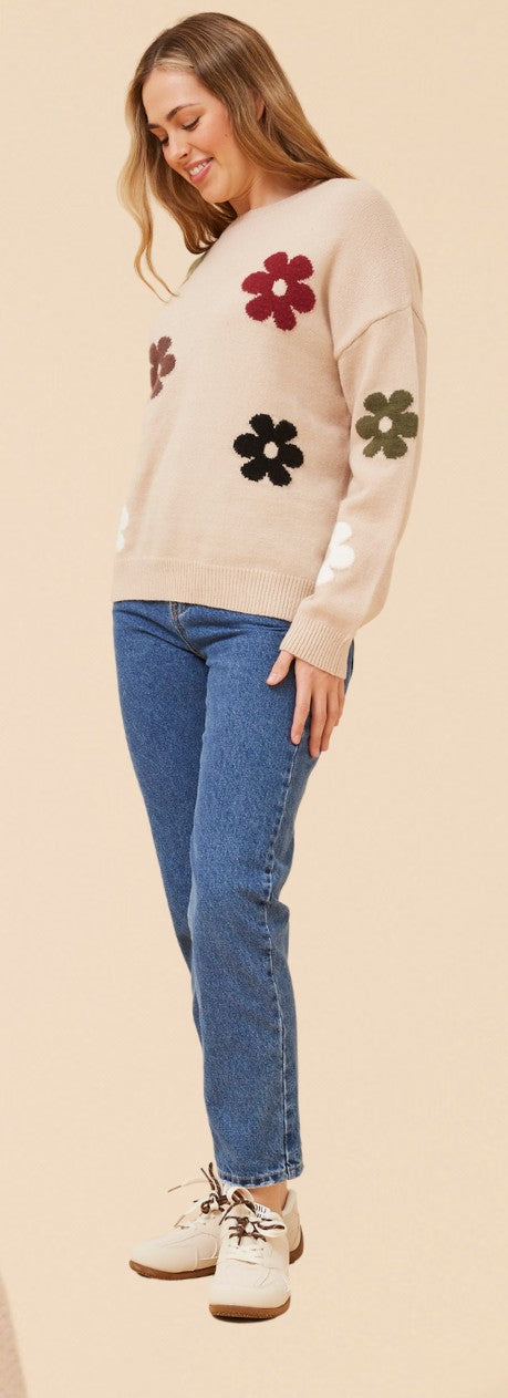 Rue Floral Knit Jumper. Chocolate and Oatmeal