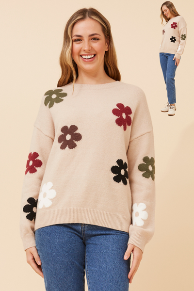 Rue Floral Knit Jumper. Chocolate and Oatmeal